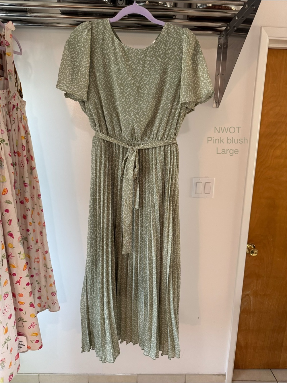 Pinkblush Sage Green Pleated Midi Dress with Tie Waist